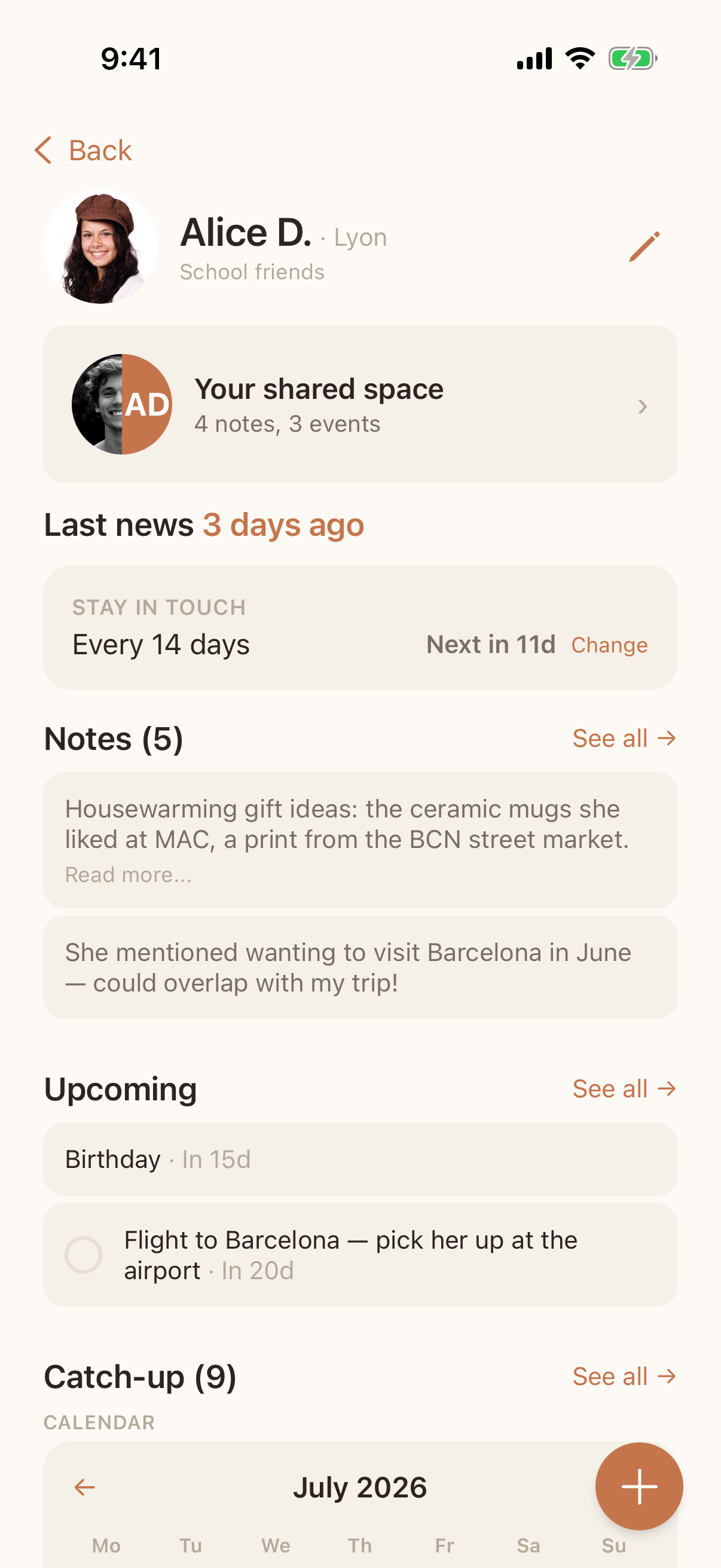 A friend’s page: latest news, your notes, and what’s coming up with her