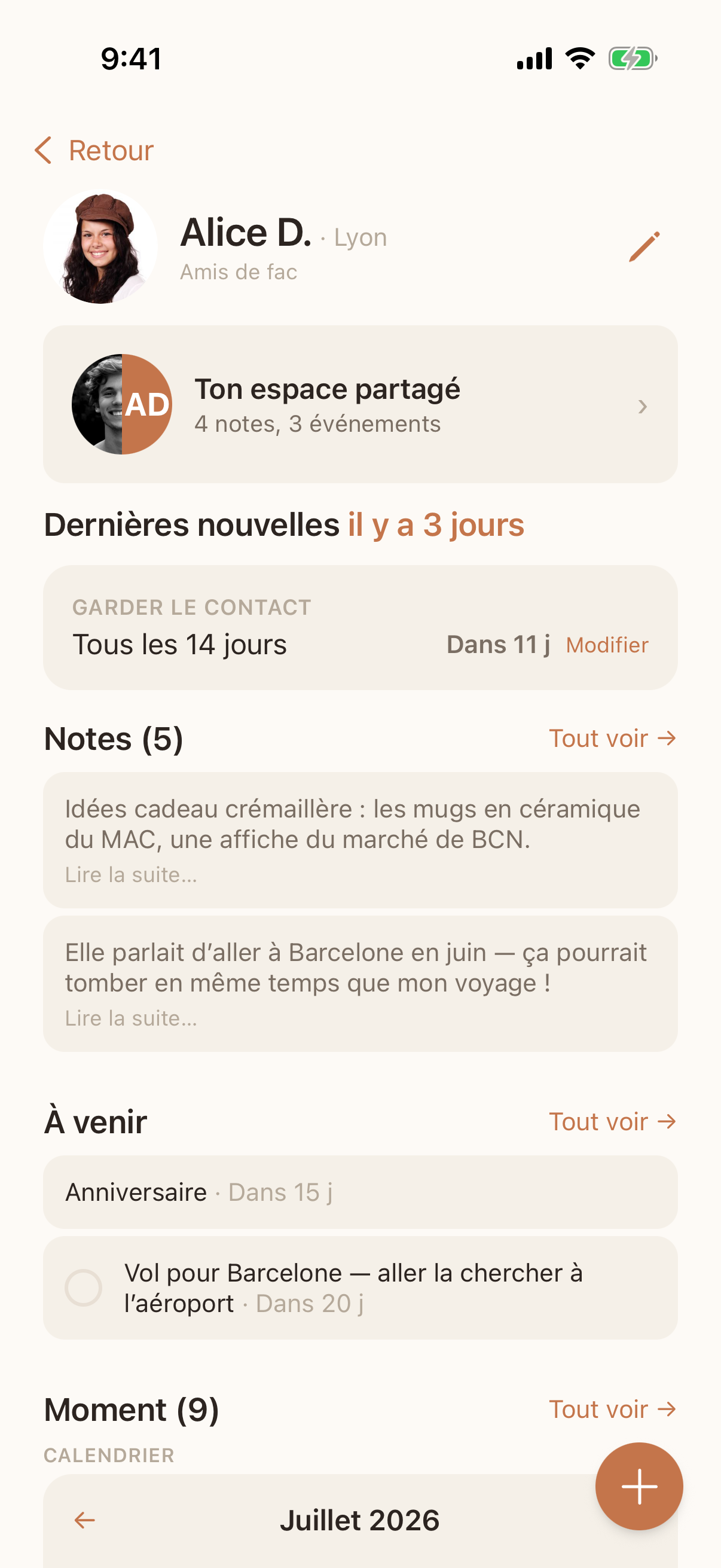 La page d’une amie : ses dernières nouvelles, tes notes et ce qui arrive