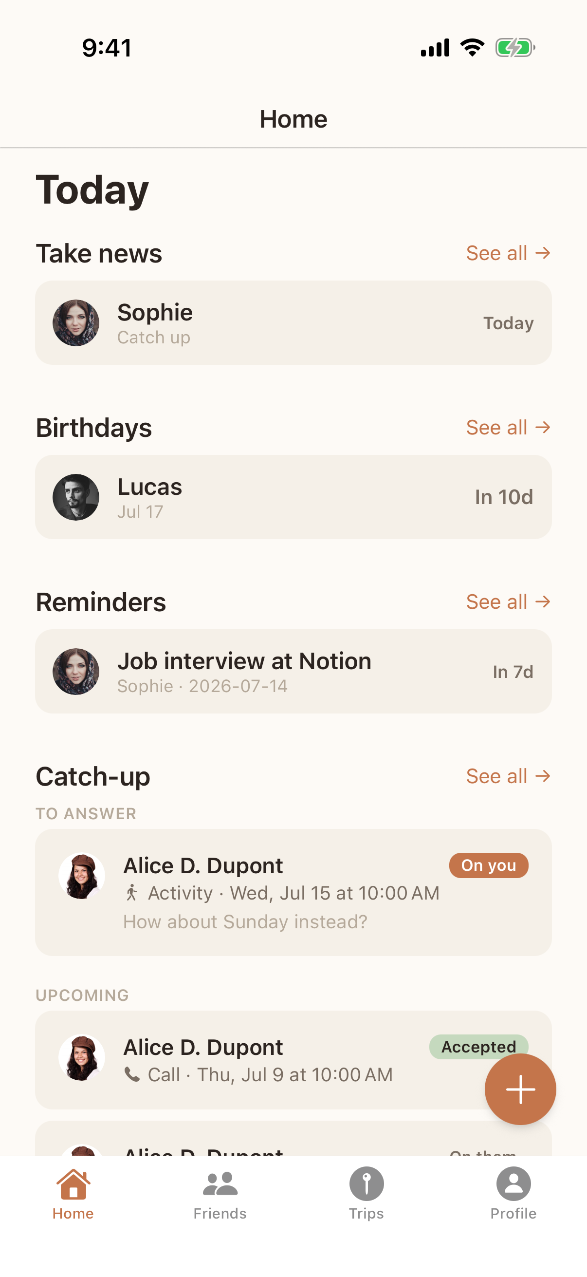 Keepkin home screen: today’s catch-ups, birthdays and reminders at a glance