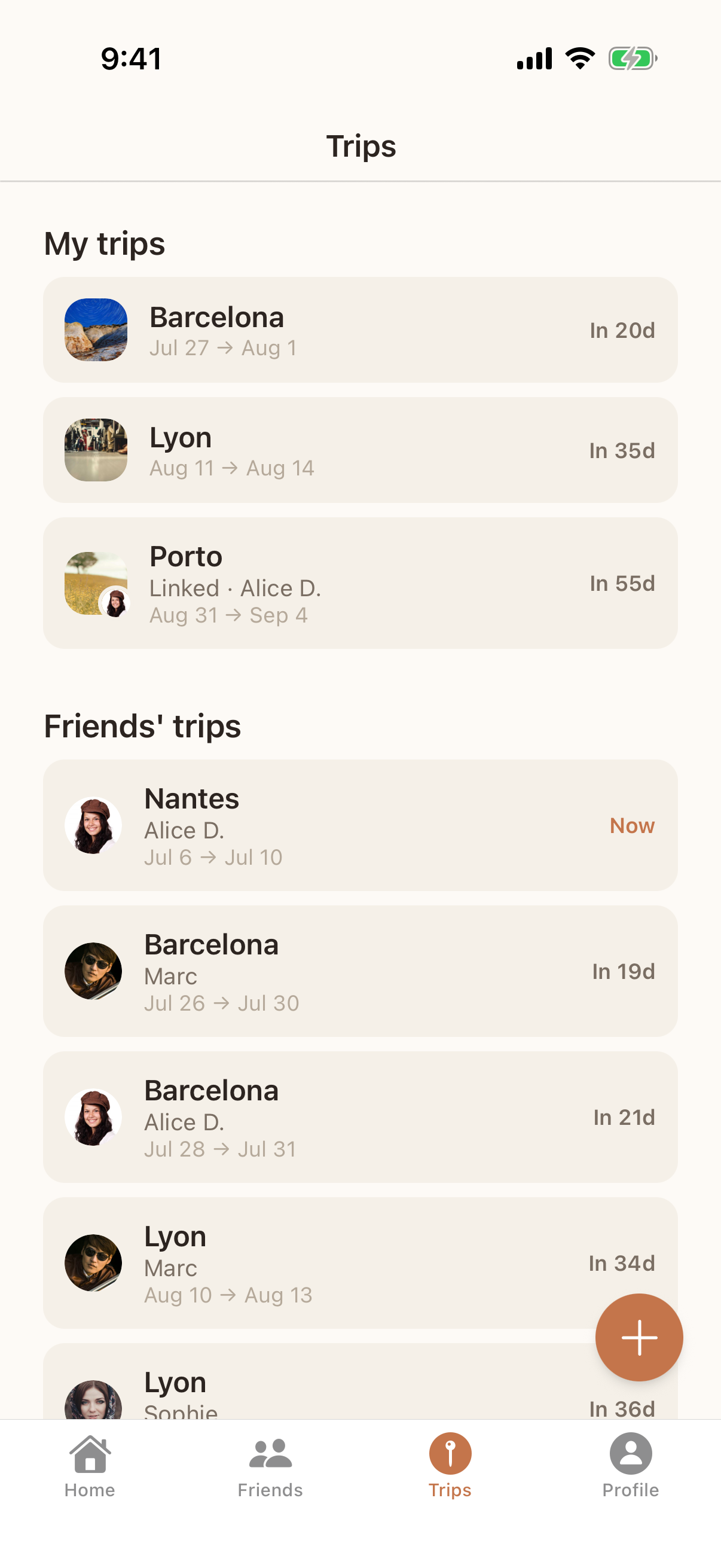 Keepkin trips screen: your trips and your friends’ trips