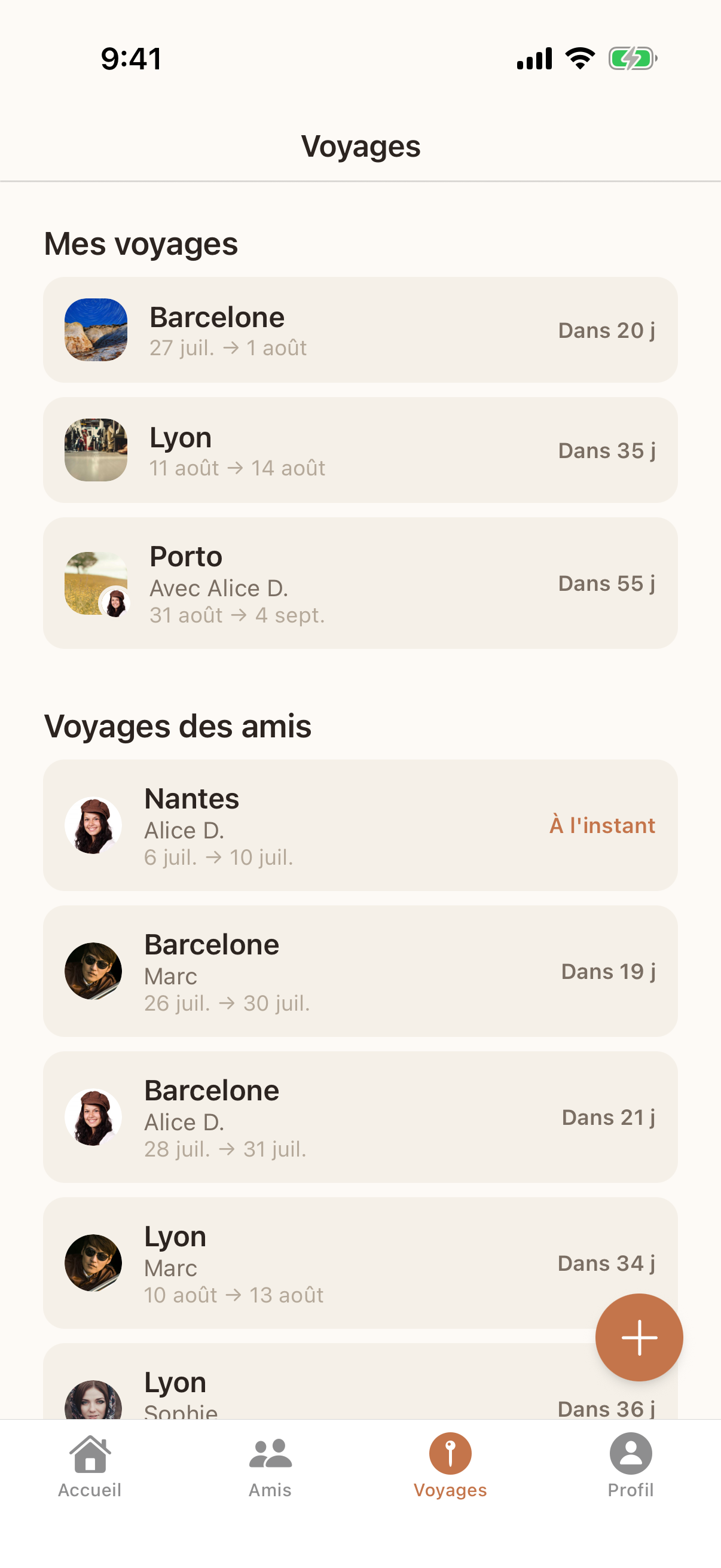 L’écran Voyages de Keepkin : tes voyages et ceux de tes amis